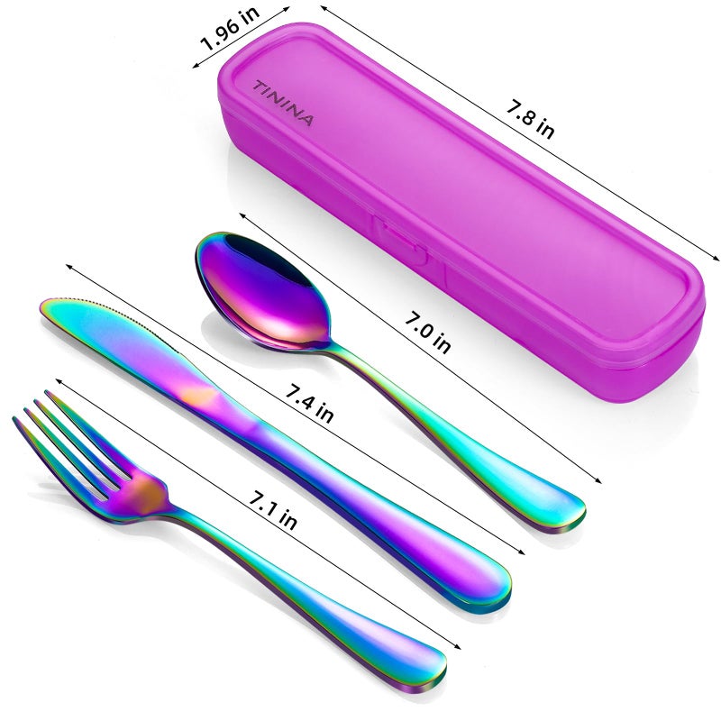 TININA Travel Utensils with Case  4-Piece Stainless Steel Portable Cutlery Set  Reinforced Case with Buckle Design  Lunch Box for Camping Work School  Include Fork Spoon Knife  Dishwasher Safe  Rainbow - Image 5